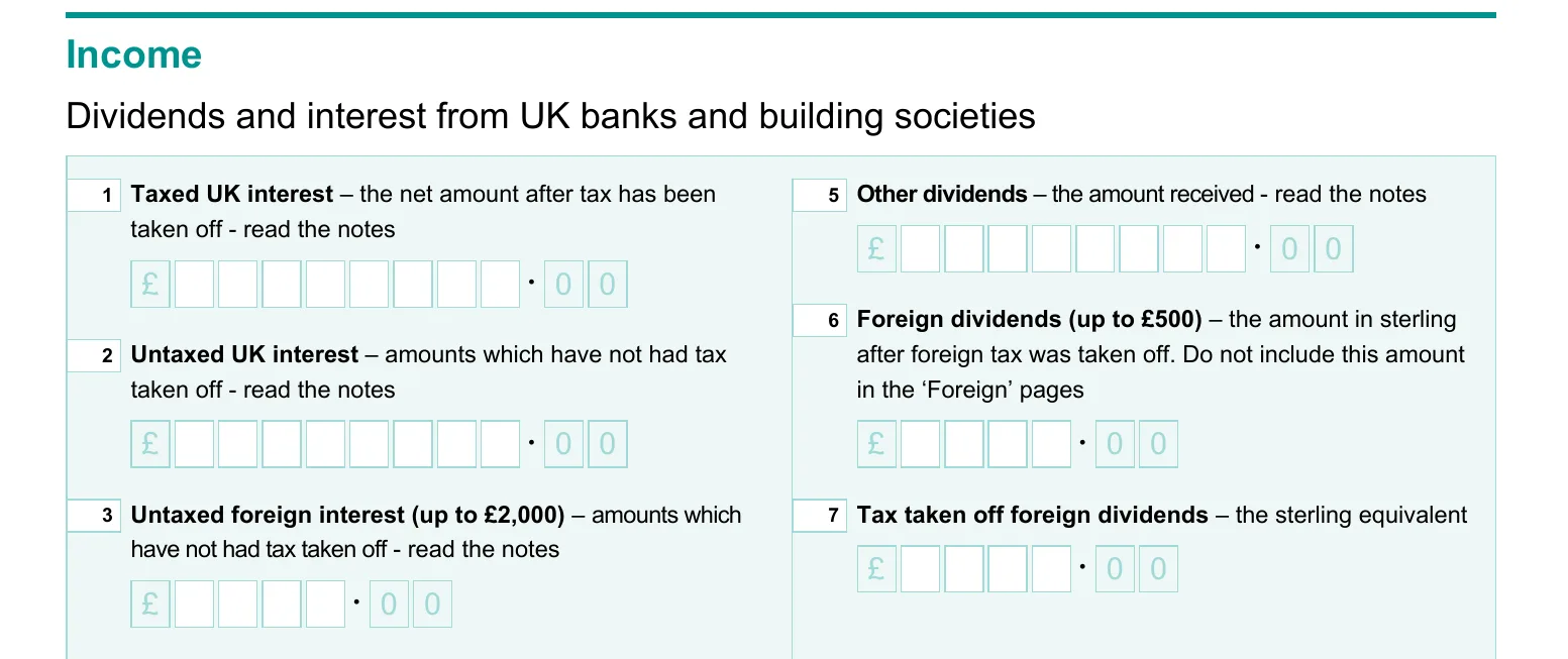 HMRC SA100 tax return, page TR 3, the Dividends and interest from UK banks and building societies section, boxes 1 to 7