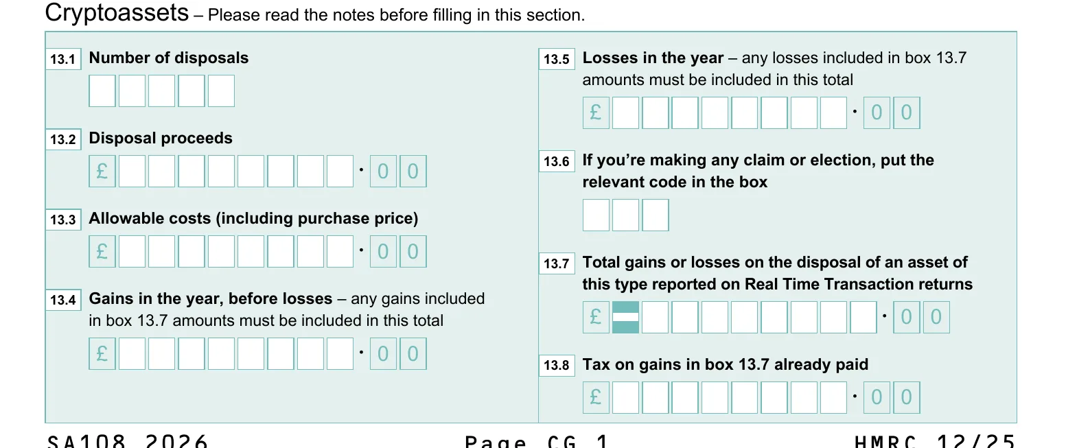 HMRC SA108 form, the Cryptoassets section, showing boxes 13.1 to 13.8