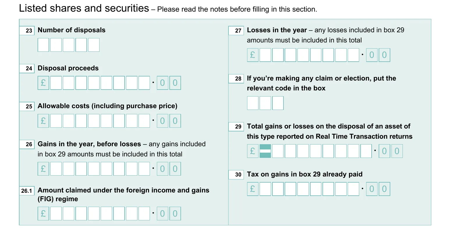 HMRC SA108 Capital Gains summary form, the Listed shares and securities section, showing boxes 23 to 30